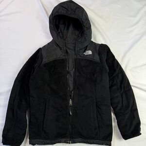 The North Face Rain Oso Hoodie Girls Medium L Black Fleece Logo Zip Reversible